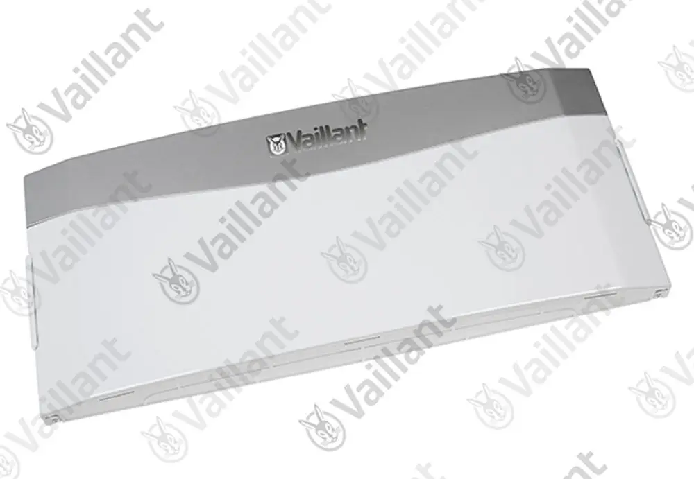 Vaillant Schaltkastenabdeckung in weißer und grauer Ausführung, mit Logo, geeignet für den Einsatz in Heizungs- oder Klimatechnik.